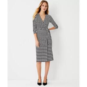 Ann Taylor Black White Houndstooth True Wrap Long Sleeve Dress Career 6 Petite